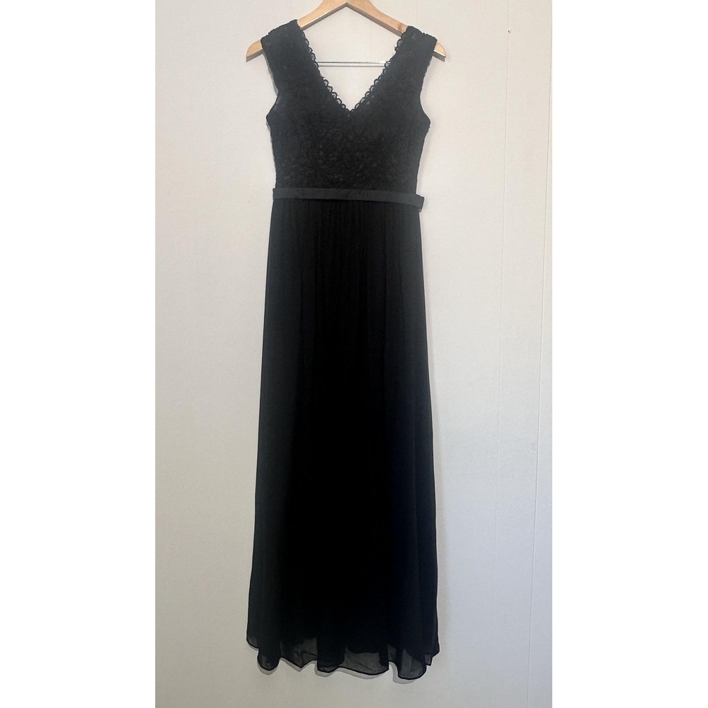 Eva Dress Womens XS Black Lace Bodice Chiffon Maxi V Neck Formal Gown Evening